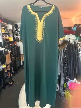 Never warn Dark Green Maxi Kaftan with Gold Embroidery